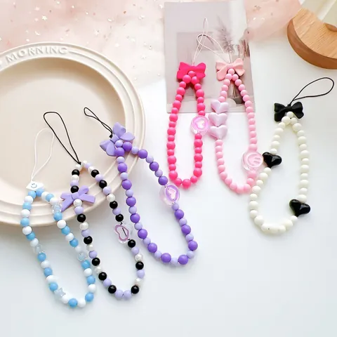 Colorful Beaded Phone Lanyard Set Acrylic Heart Bowknot Decor Y2K Sweet Cool Style Phone Strap For Women Girls
