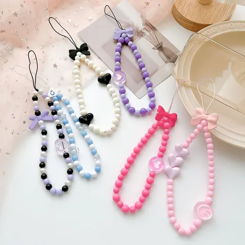 Colorful Beaded Phone Lanyard Set Acrylic Heart Bowknot Decor Y2K Sweet Cool Style Phone Strap For Women Girls