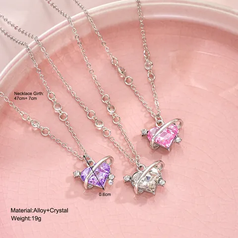 Women Luxury Heart Planet Zirconia Pendant Necklace Zinc Alloy Saturn Ring Clavicle Chain Jewelry For Valentine Gift