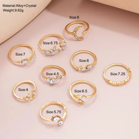 Vintage Gold Silver Alloy Ring Set For Women Fashion Heart Star Moon Flower Rhinestone Stackable Knuckle Rings Jewelry Gift