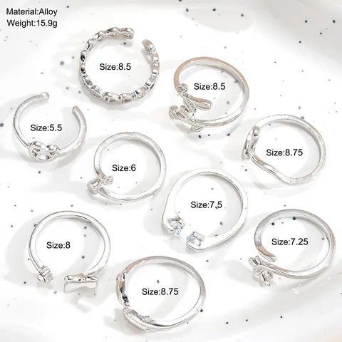 Vintage Alloy Heart Leaf Open Toe Rings Set For Women Adjustable Silver Zirconia Geometric Beach Jewelry Accessories