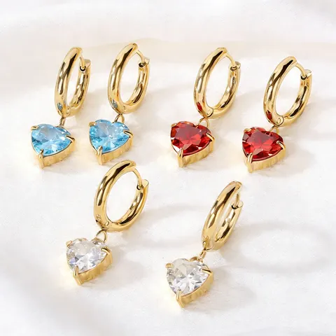 Trendy Gold Plated Stainless Steel Heart Zirconia Hoop Earrings Minimalist Geometric Heart Pendant Earrings For Women Jewelry