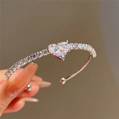 Bracciale Rigido Aperto Cuore Rosa Moda Europea Americana Per Donna Acciaio Al Titanio Argento Strass Intarsiato Regolabile Gioiello Elegante