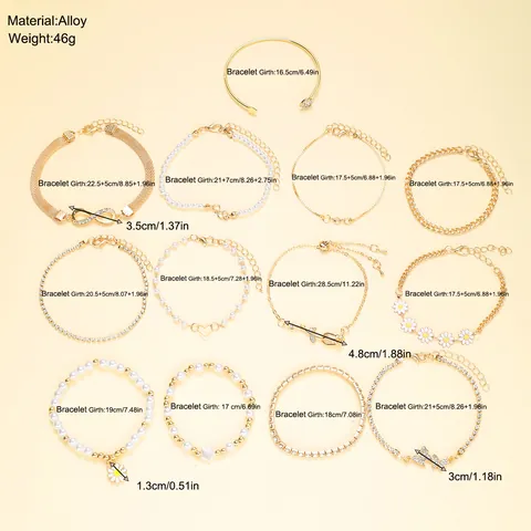 Women Gold Zinc Alloy Bracelet Collection Artificial Pearl Rhinestone Heart Butterfly Infinity Daisy Charm Fashion Jewelry
