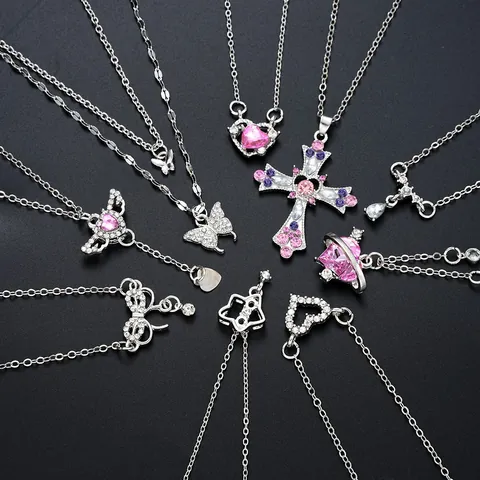 Vintage Alloy Rhinestone Butterfly Cross Heart Planet Necklace Collection For Women Sweet Fashion Y2K Jewelry Accessory