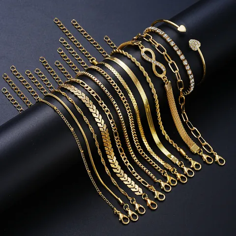 Vintage Gold Silver Plated Alloy Bracelet Set For Women Heart Infinity Rhinestone Chain Link Bangle Jewelry Accessories