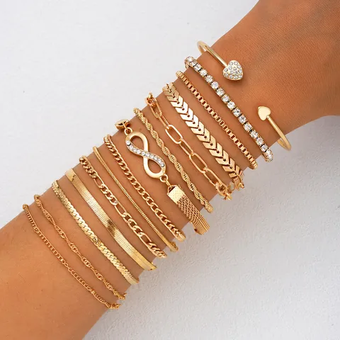 Vintage Gold Silver Plated Alloy Bracelet Set For Women Heart Infinity Rhinestone Chain Link Bangle Jewelry Accessories