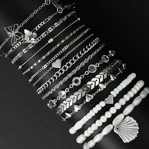 Schmetterling Herz Muschel Imitationsperle Mehrlagiges Fußkettchen Kollektion Für Damen Legierung Gold Silber Perlen Sommer Strand Schmuck