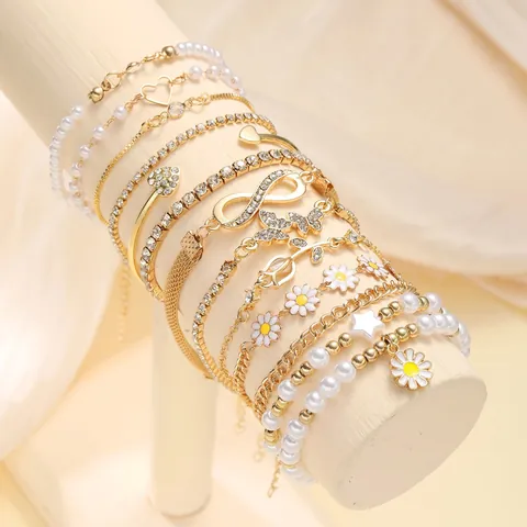 Women Gold Zinc Alloy Bracelet Collection Artificial Pearl Rhinestone Heart Butterfly Infinity Daisy Charm Fashion Jewelry
