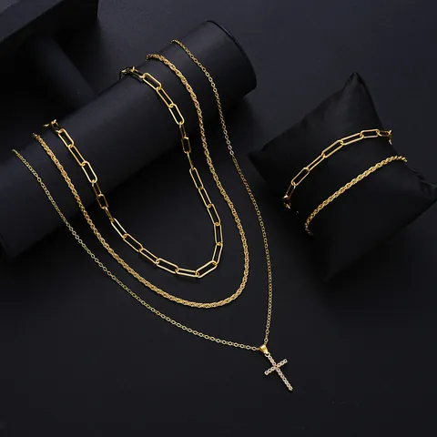 Gold Kupfer Legierung Lagen Zirkonia Kreuz Anhänger Büroklammer Gedrehte Seil Kette Halskette Und Armband Schmuck Set Für Damen