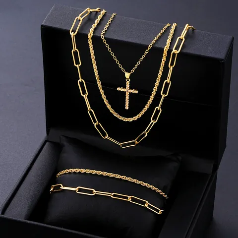 Gold Kupfer Legierung Lagen Zirkonia Kreuz Anhänger Büroklammer Gedrehte Seil Kette Halskette Und Armband Schmuck Set Für Damen