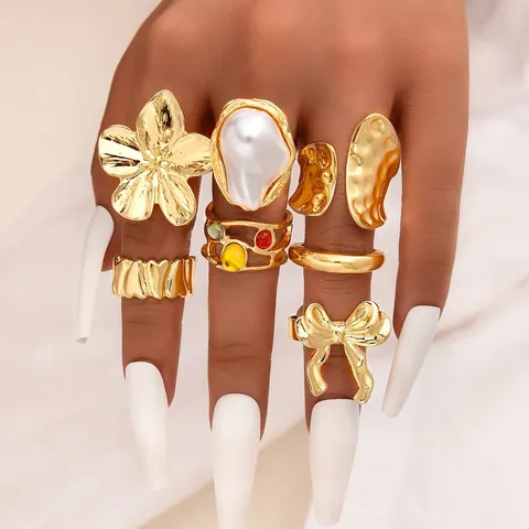 Bohemian Vintage Zinc Alloy Gold Silver Ring Sets For Women Flower Heart Artificial Pearl Starfish Melting Metal Opening Adjustable Rings Jewelry