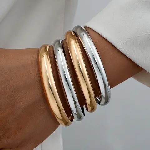 Minimalist Chunky Round Tube Metal Bangle Set For Women High Polished Smooth Alloy Metallic Fashion Jewelry Bracelet Gift