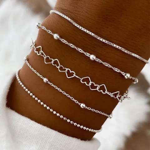 Boheemse Minimalistische Zinklegering Ketting Armband Set Voor Dames Zilver Goud Verguld Meerlaags Strass Hart Sieraden