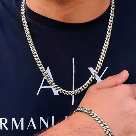 Parure de Collier Et Bracelet à Maillons Cubains en Acier Inoxydable pour Hommes Chaîne Curb Hip Hop pour Fête Quotidien
