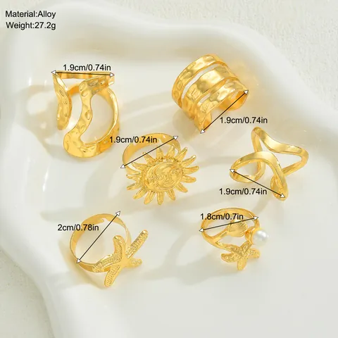 Boho Legierung Vergoldete Seestern Sonne Gesicht Künstliche Perle Ringe Für Damen Vintage Mode Strand Urlaub Schmuck Kollektion