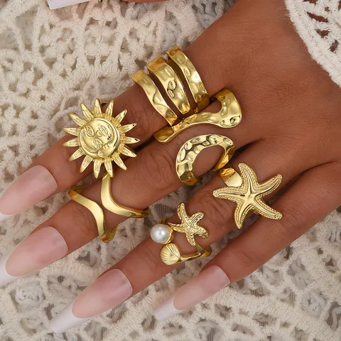 Boho Legierung Vergoldete Seestern Sonne Gesicht Künstliche Perle Ringe Für Damen Vintage Mode Strand Urlaub Schmuck Kollektion