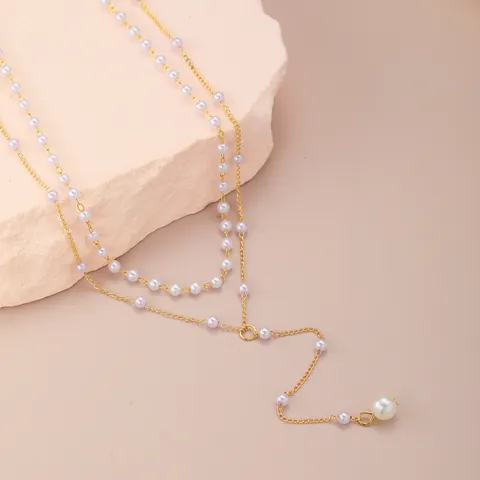 Mehrlagige Kunstperlen Halskette Y-Form Quaste Legierung Goldton Vintage Eleganter Schmuck Damen