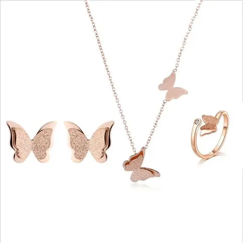 Gioielli a Farfalla in Oro Rosa Collana in Acciaio al Titanio Orecchini Anello Bracciale Design Smerigliato per Donna