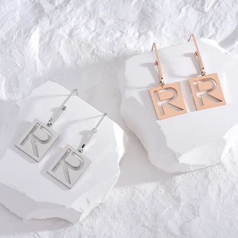 Orecchini Pendenti in Acciaio al Titanio Lettera R Quadrati Svuotati Minimalisti Hip-hop Oro Rosa Argento Donna Gioielli Moda