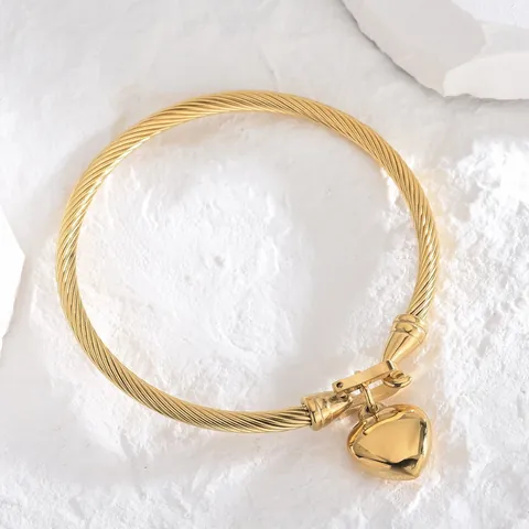 Bracciale con Ciondolo a Cuore in Acciaio al Titanio per Donna Fibbia a Ferro di Cavallo Texture Cavo Intrecciato Gioielli