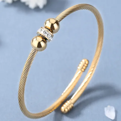 Bracciale Rigido Aperto in Acciaio Inossidabile a Corda Intrecciata Oro Argento Strass Intarsiato Perle per Uomo Donna