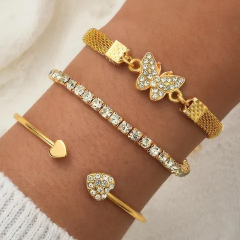 Vintage Alloy Rhinestone Multi-Layer Bracelet Set Gold Silver Heart Butterfly Infinity Cross Charm Bangle Bracelets Jewelry For Women