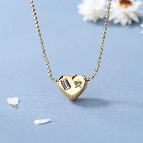Collana Con Pendente a Cuore in Acciaio al Titanio per Donna Catena a Sfere Placcata Oro 18K Con Zirconia Rosa Pietra Stella Verde