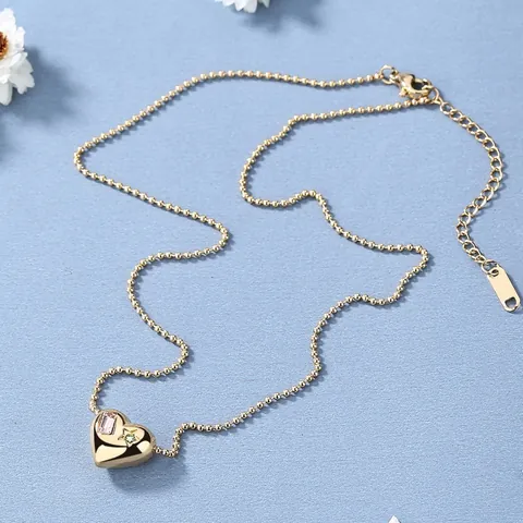 Collana Con Pendente a Cuore in Acciaio al Titanio per Donna Catena a Sfere Placcata Oro 18K Con Zirconia Rosa Pietra Stella Verde