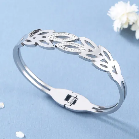 Elegante Bracciale Rigido in Acciaio Inossidabile a Foglia Vuota per Donna Intarsiato con Zirconi Ramo d'Ulivo Bracciale Aperto Gioielli di Moda