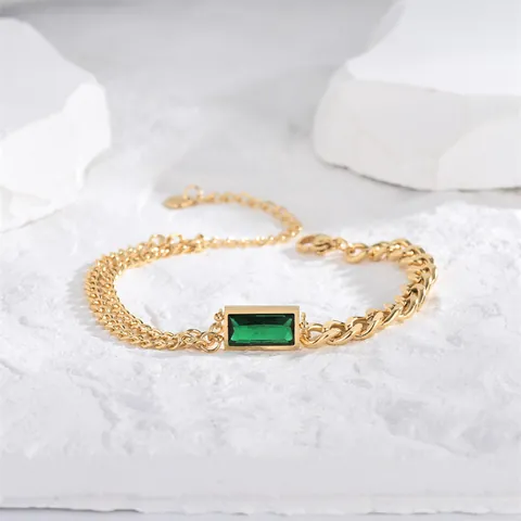 Bracciale in Acciaio al Titanio Asimmetrico per Donna Moda Zirconia Verde Taglio Smeraldo Catena Cubana Gioielli Regalo