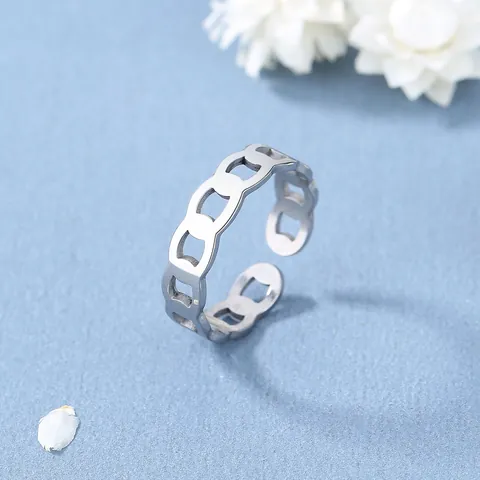 Anello Aperto Minimalista in Acciaio al Titanio per Donna Uomo Hip Hop Argento Regolabile Geometrico Traforato Catena Anello Gioielli