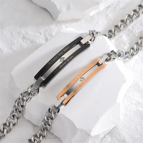 Bracciale di Coppia in Acciaio al Titanio con Zirconia Intarsiata Geometrico Minimalista Catena Curb Per Uomo Donna Lettere