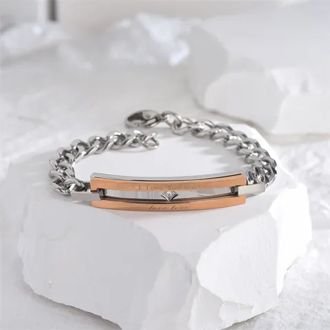 Bracciale di Coppia in Acciaio al Titanio con Zirconia Intarsiata Geometrico Minimalista Catena Curb Per Uomo Donna Lettere