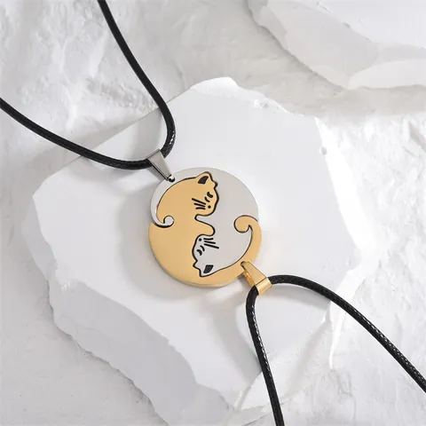 Minimalist Titanium Steel Cat Splicing Pendant Necklace For Couples Gold Silver Plated Yin Yang Kitten Necklace Jewelry Gift