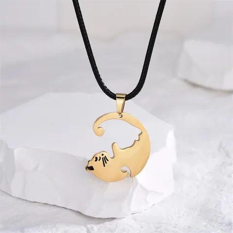 Minimalist Titanium Steel Cat Splicing Pendant Necklace For Couples Gold Silver Plated Yin Yang Kitten Necklace Jewelry Gift