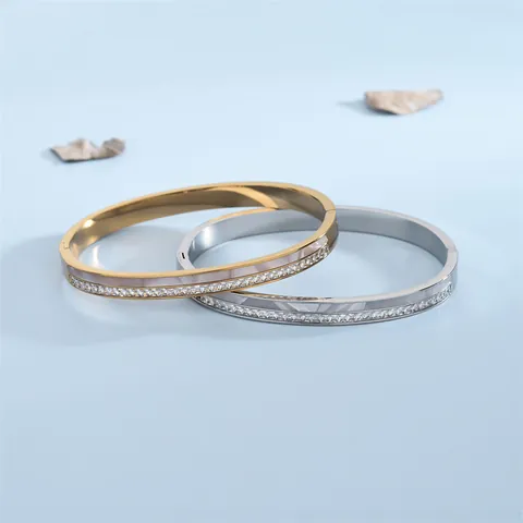 Moderno Bracciale Rigido in Acciaio al Titanio Donna Intarsio Madreperla Strass Zirconia Incassata Aperto per Matrimonio