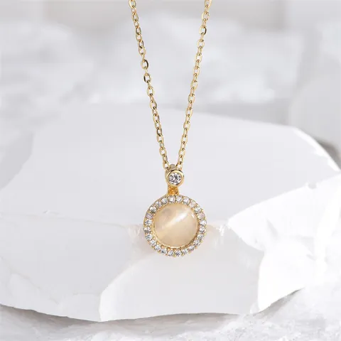 Collar con Colgante Redondo de Acero Inoxidable Ojo de Gato para Mujer Chapado en Oro Zirconia Halo Choker Joyería