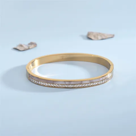 Moderno Bracciale Rigido in Acciaio al Titanio Donna Intarsio Madreperla Strass Zirconia Incassata Aperto per Matrimonio