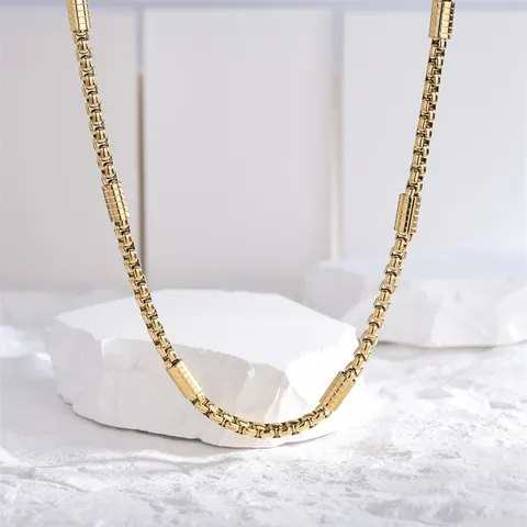 18K Gold Plated Titanium Steel Box Chain Necklace With Textured Cylindrical Beads For Men Minimalist Hip Hop Jewelry