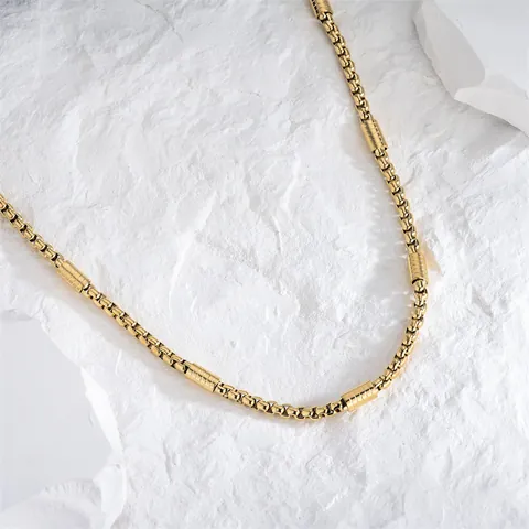 18K Gold Plated Titanium Steel Box Chain Necklace With Textured Cylindrical Beads For Men Minimalist Hip Hop Jewelry