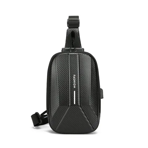 Herren Hartschale Brusttasche Kohlefasertrextur Diebstahlsicheres Passwortschloss USB Ladeanschluss Sport Crossbody Umhängetasche