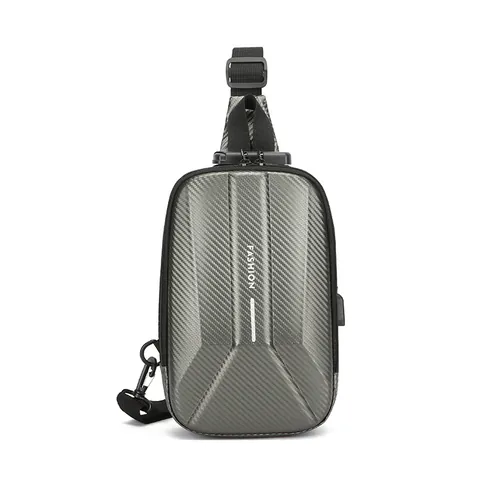 Herren Hartschale Brusttasche Kohlefasertrextur Diebstahlsicheres Passwortschloss USB Ladeanschluss Sport Crossbody Umhängetasche