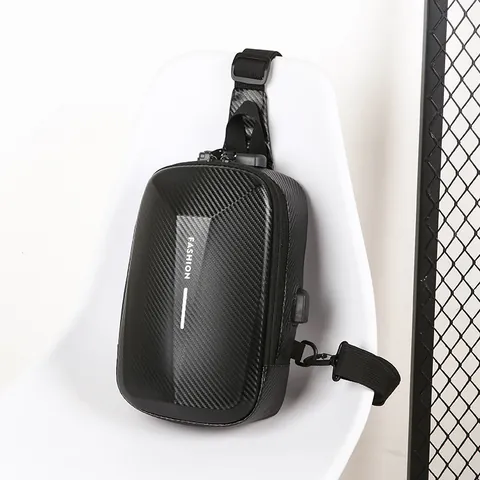 Men's Hard Shell Anti-Theft Chest Bag Carbon Fiber Texture Crossbody Sling Bag With USB Port Waterproof Shoulder Travel Bag