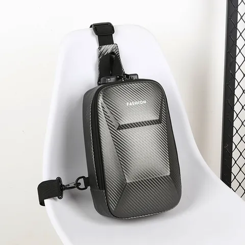 Anti Theft Hard Shell Chest Bag For Men Waterproof Carbon Fiber Texture Shoulder Bag With USB Port Crossbody Bag