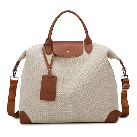 Grote Capaciteit Canvas Reistas Met Kunstleer Patchwork Waterafstotend Casual Duffel Bag Voor Fitness Weekend Vrouwen Handtas