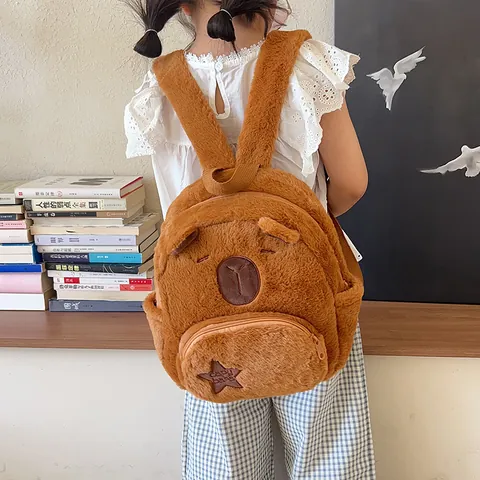 Süßer Capybara Plüsch Rucksack Für Kinder Damen Cartoon Tierform Kleiner Schulranzen Mit Stern-Patch Braun Mode Tagestasche