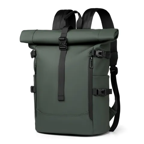 Men Large Capacity Roll Top Backpack Waterproof Nylon Business Travel Bag Outdoor Urban Commute Laptop Backpack Casual Rucksack