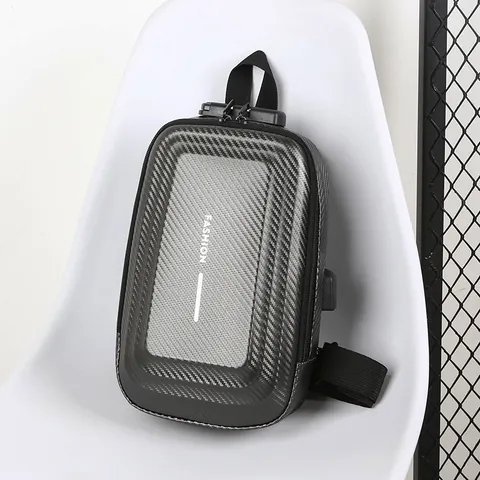 Men's Hard Shell Chest Bag Carbon Fiber Texture USB Charging Port Anti-theft Lock Waterproof Sling Crossbody Travel Bag