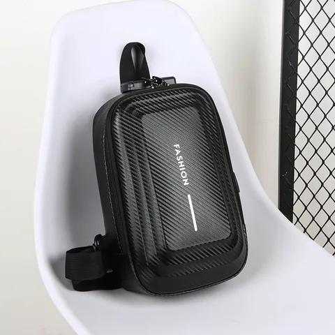 Men's Hard Shell Chest Bag Carbon Fiber Texture USB Charging Port Anti-theft Lock Waterproof Sling Crossbody Travel Bag